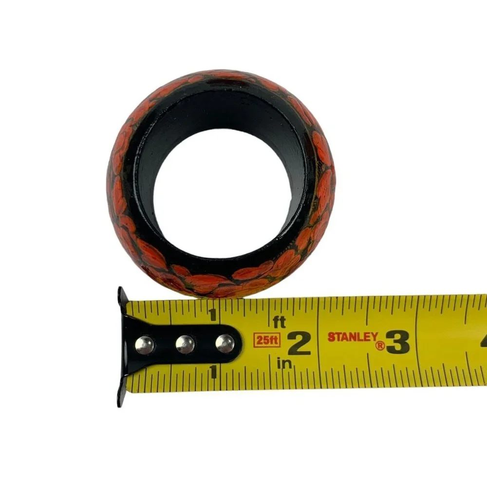 Vintage Floral Painted Wood Napkin Rings‎ Orange Black Set of 4 Boho
